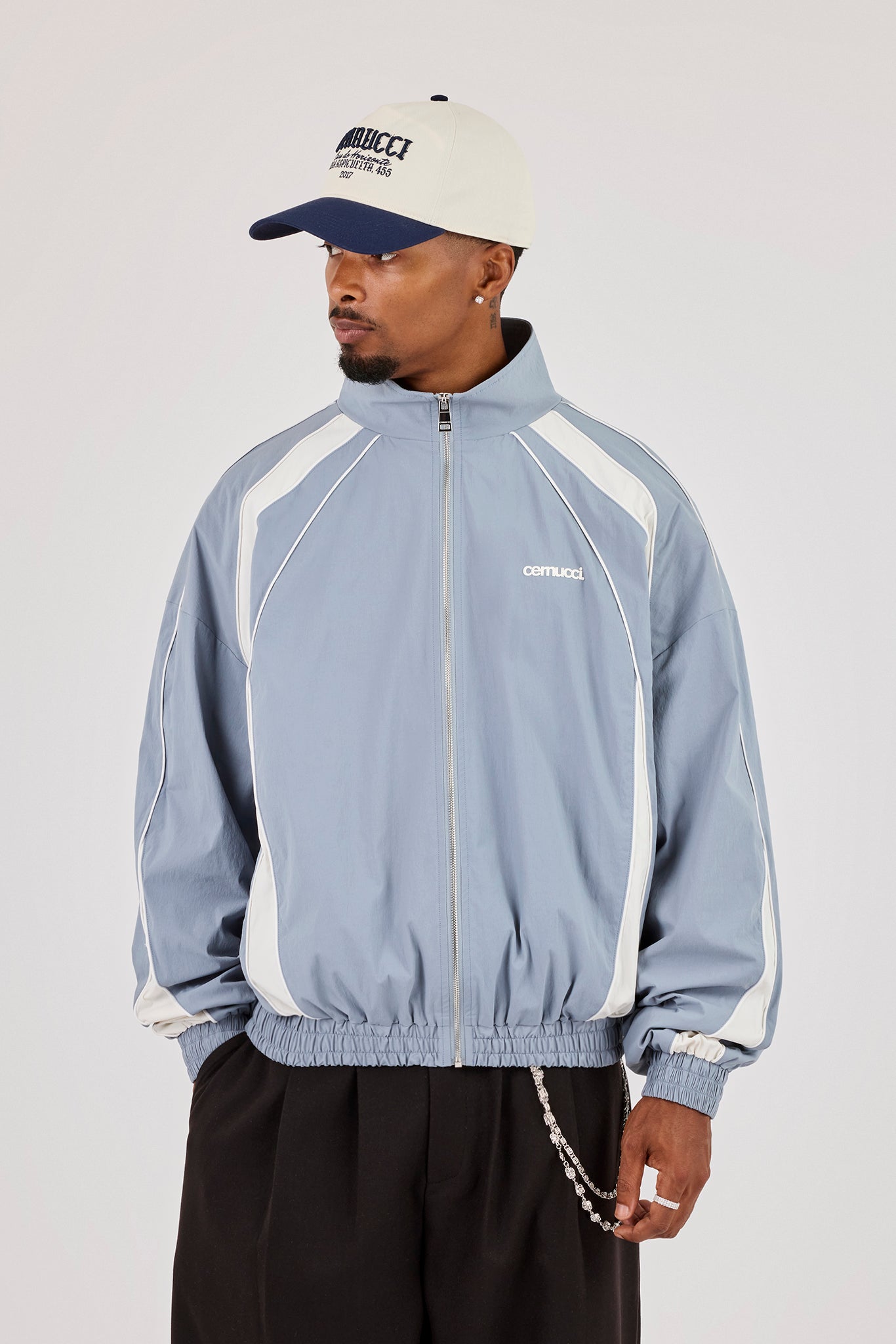 Nylon Panelled Track Jacket With Piping - Blue
